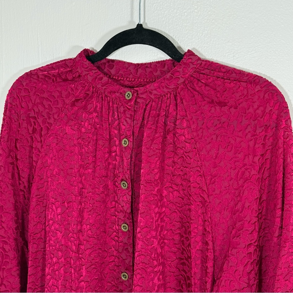 By Anthropologie Velvet Burnout Jacquard Button Front Blouse Raspberry L
